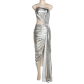 Metallic one shoulder irregular backless maxi dress 2