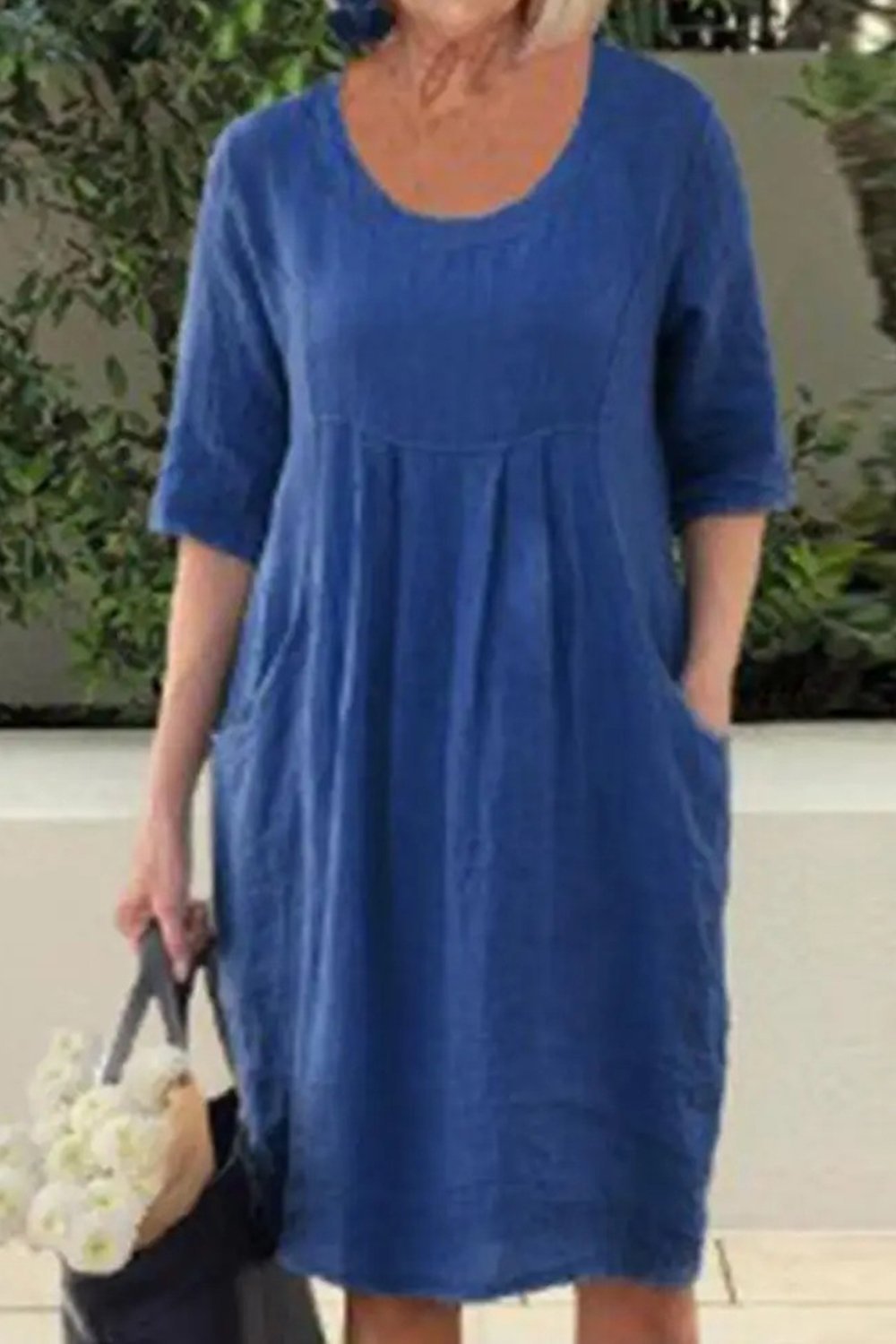 Scoop Neck Short Sleeve Pocket Linen Midi Dress 3