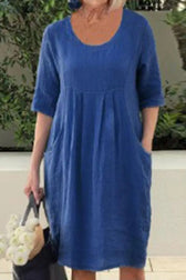 Scoop Neck Short Sleeve Pocket Linen Midi Dress 3