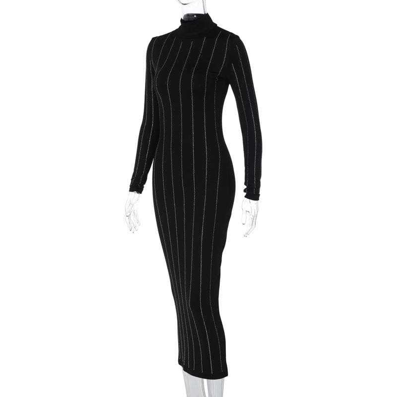 Long sleeve high neck beaded solid midi dress 5