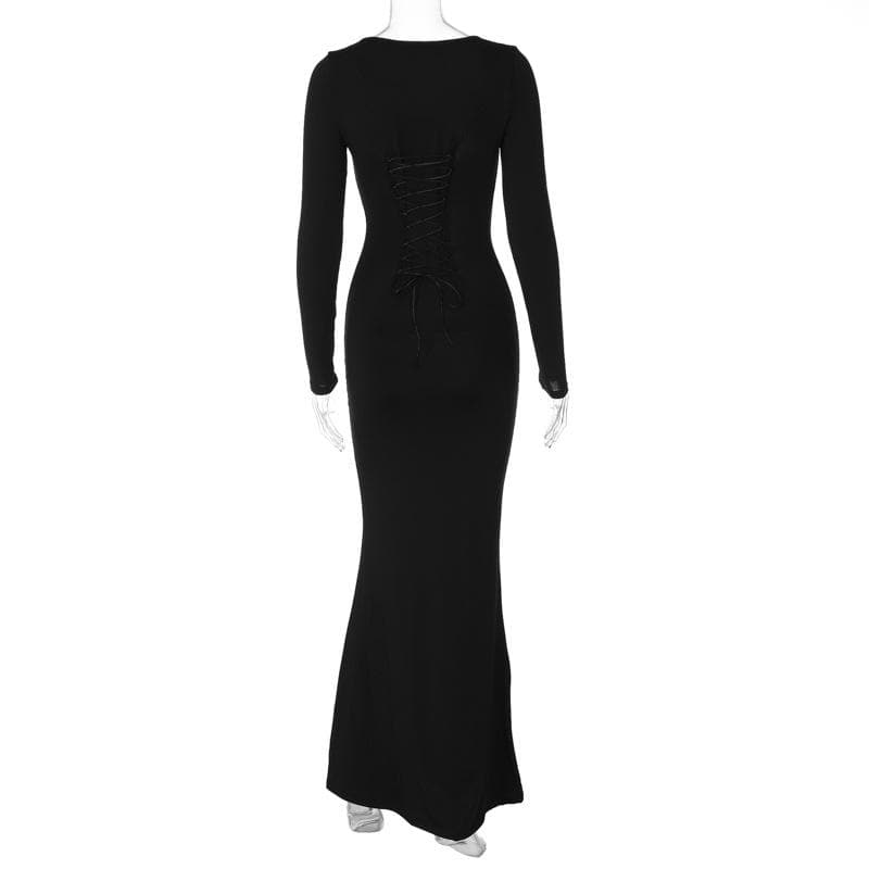 Lace up solid long sleeve square neck maxi dress 3