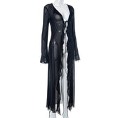 Flared sleeve ruffle sheer mesh see through self tie maxi dress 8