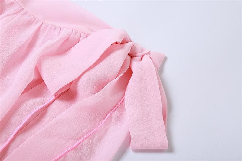 Chiffon ruffle solid irregular ruched self tie tube midi dress - View 8