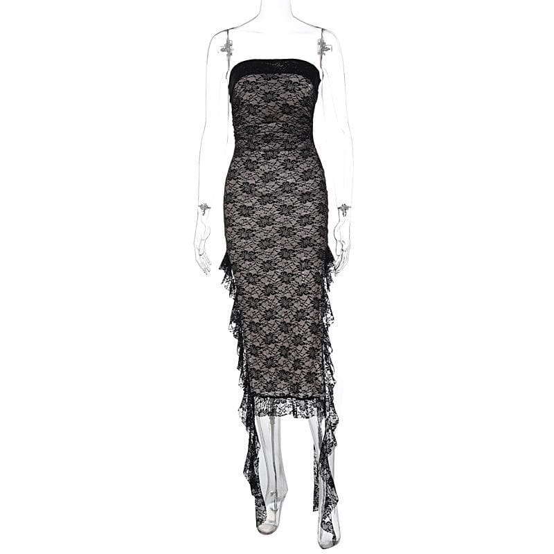 Lace ruffle slit backless ribbon contrast tube midi dress 2