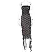 Lace ruffle slit backless ribbon contrast tube midi dress 2