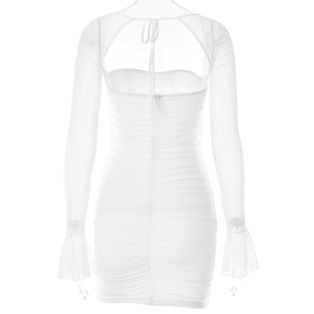 Mesh flared sleeve solid ruched zip-up lace up mini dress 5