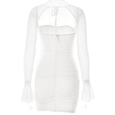 Mesh flared sleeve solid ruched zip-up lace up mini dress 5