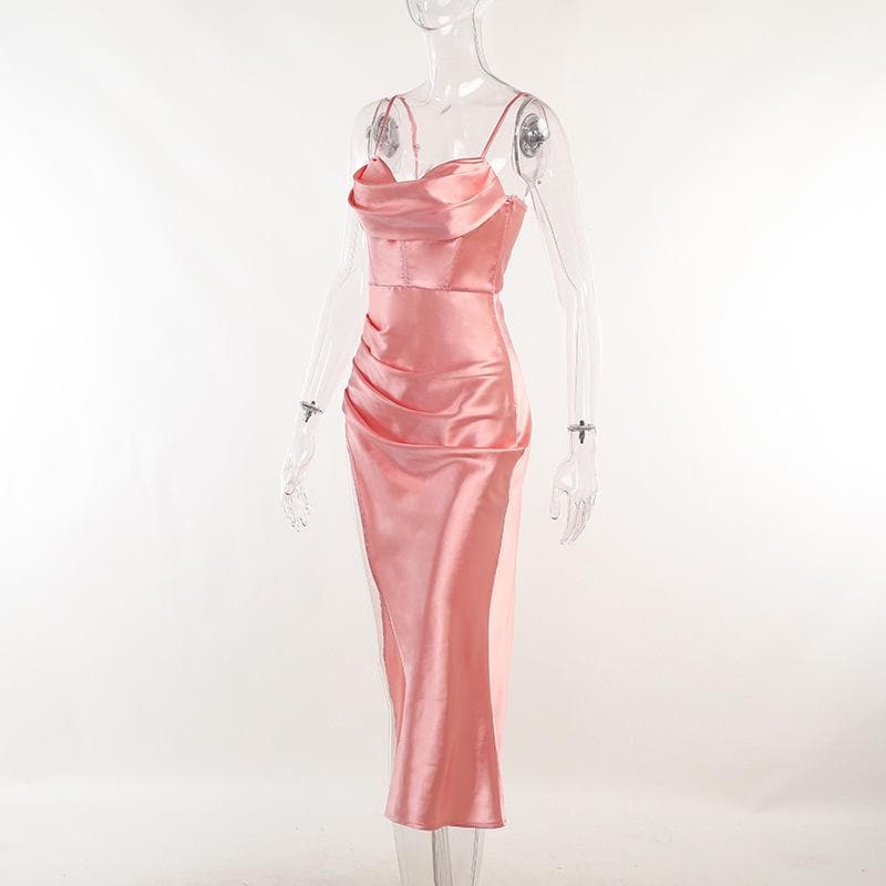 Sleeveless solid satin cowl neck slit backless zip-up cami dress 3