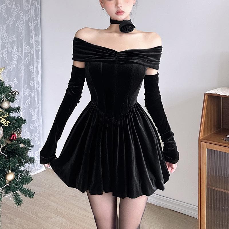 Velvet ruched zip-up off shoulder long sleeve solid mini dress 3