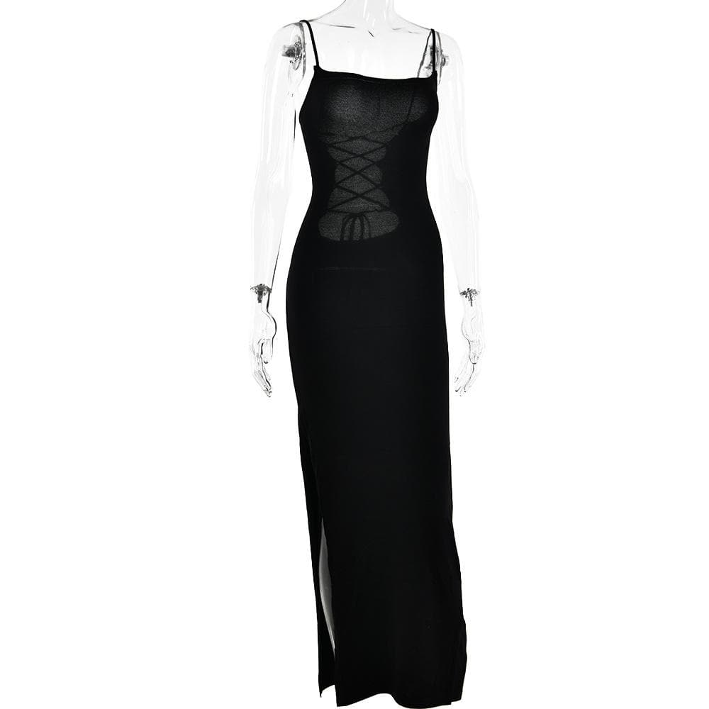 Lace up square neck slit solid backless cami maxi dress 3