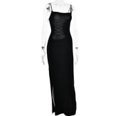 Lace up square neck slit solid backless cami maxi dress 3