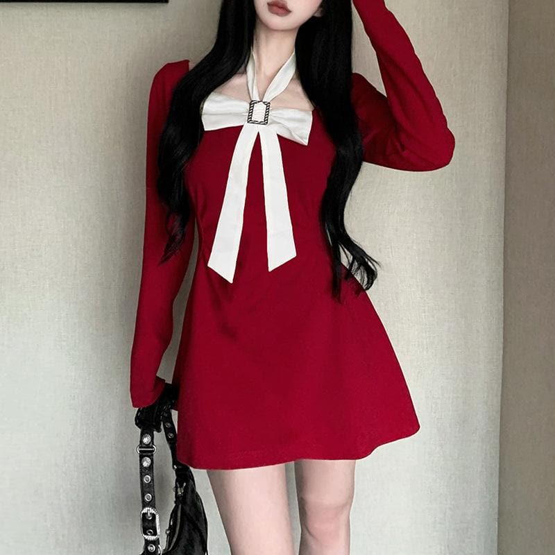 Bowknot long sleeve square neck zip-up contrast 2-way mini dress