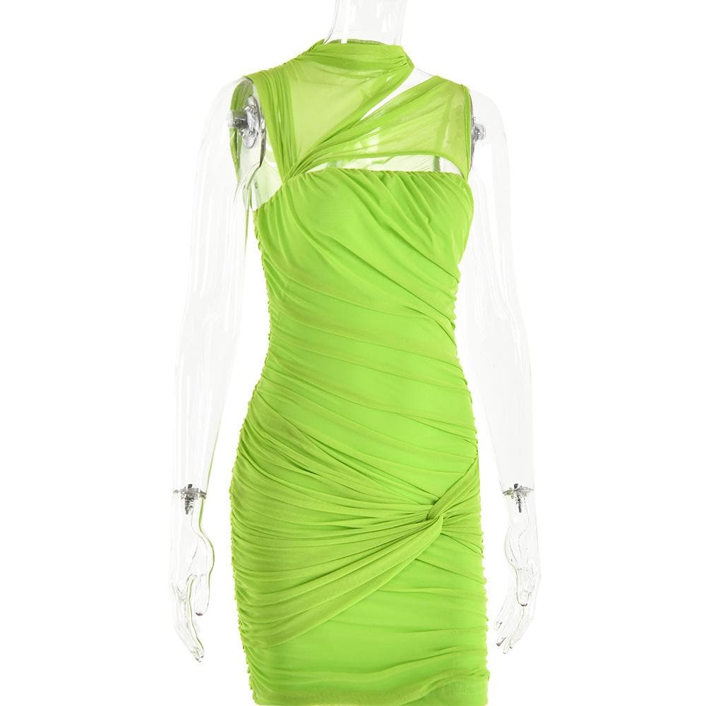 Sleeveless irregular hollow out mesh knotted ruched mini dress 3
