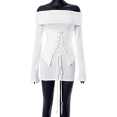 Lace up long sleeve off shoulder ruched solid mini dress 8