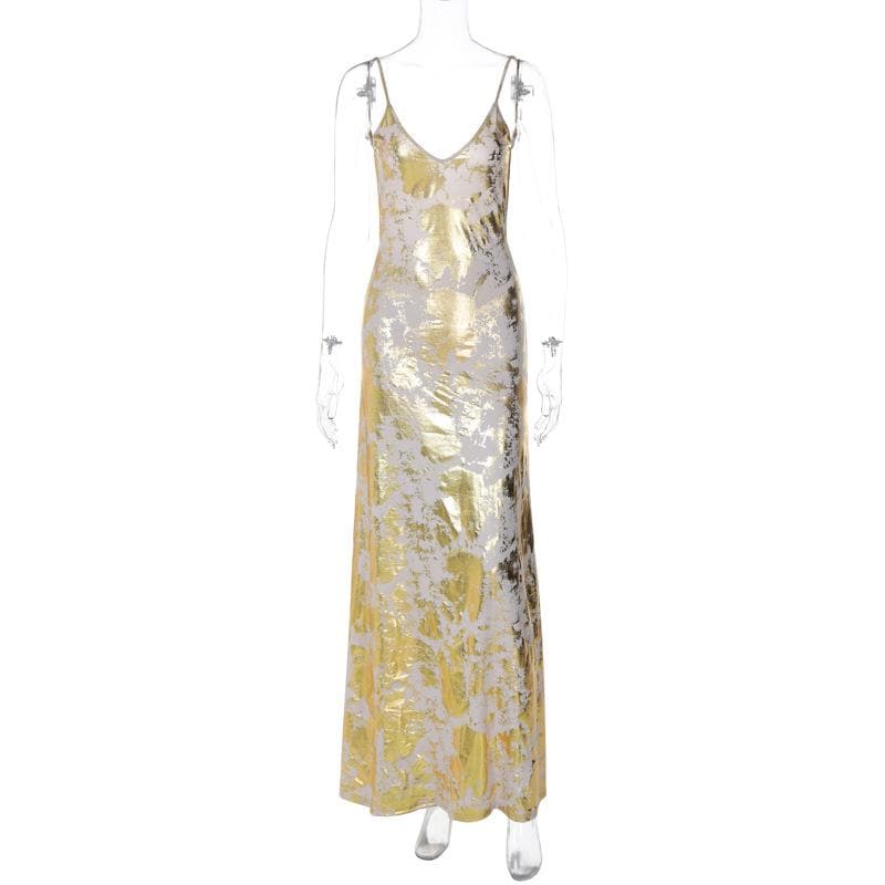 Metallic Foil Print V-Neck Spaghetti Strap Cami Maxi Dress 3