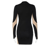Long sleeve mesh contrast patchwork hollow out mini dress 3
