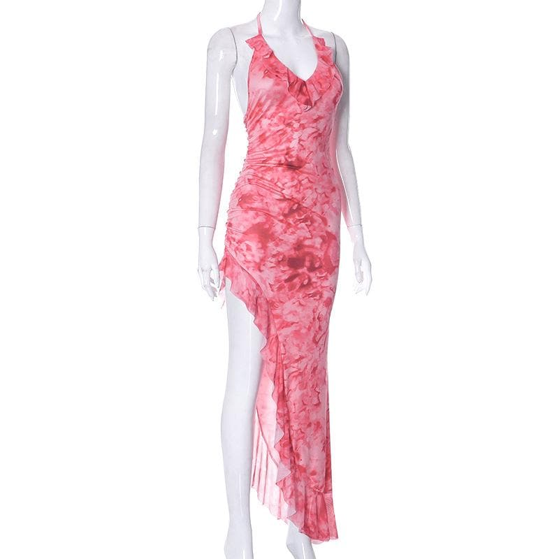 Mesh tie dye irregular contrast halter backless ruched maxi dress 3