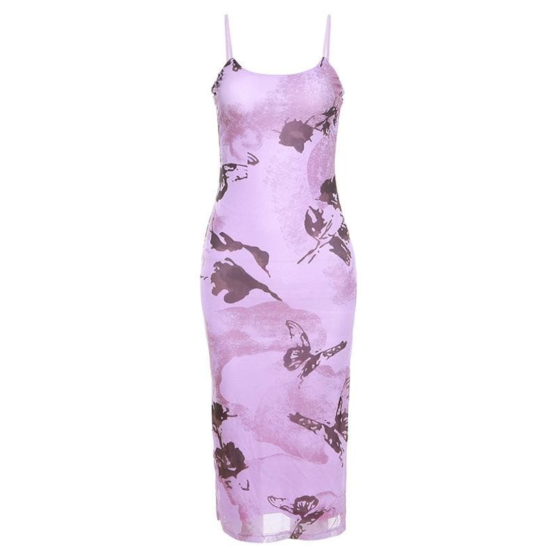 Mesh butterfly pattern slit backless contrast cami midi dress 2