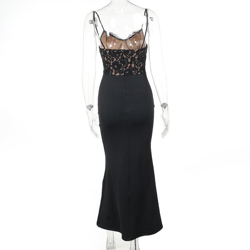 Lace patchwork v neck backless cami maxi dress 3