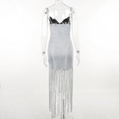 Solid ruched textured glitter tassels backless mini dress 3
