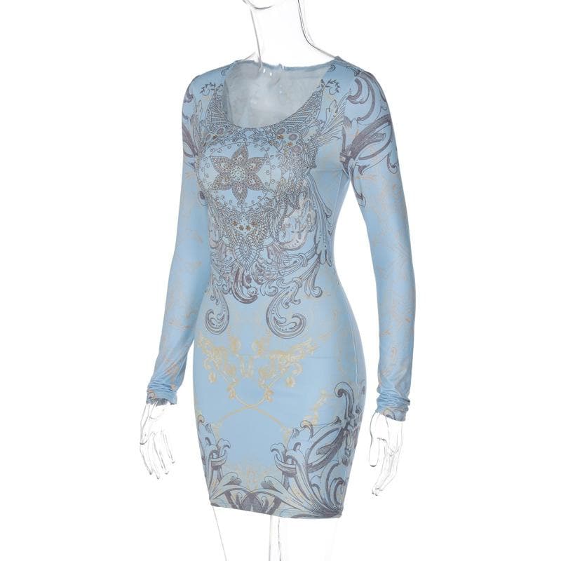 Beaded long sleeve u neck abstract contrast mini dress 4