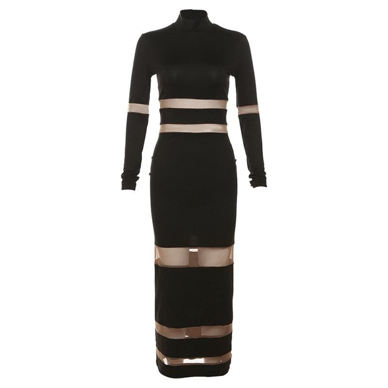 Patchwork mesh contrast long sleeve high neck maxi dress 2