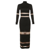 Patchwork mesh contrast long sleeve high neck maxi dress 2