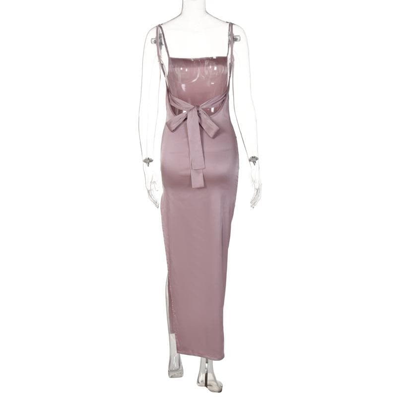 Satin Straight Neck Spaghetti Strap Open Back High Split Midi Dress 4