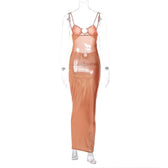 Hollow out metallic ruched backless metal applique cami maxi dress 4
