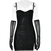 Textured mesh gloves sweetheart neck zip-up slit cami mini dress 3