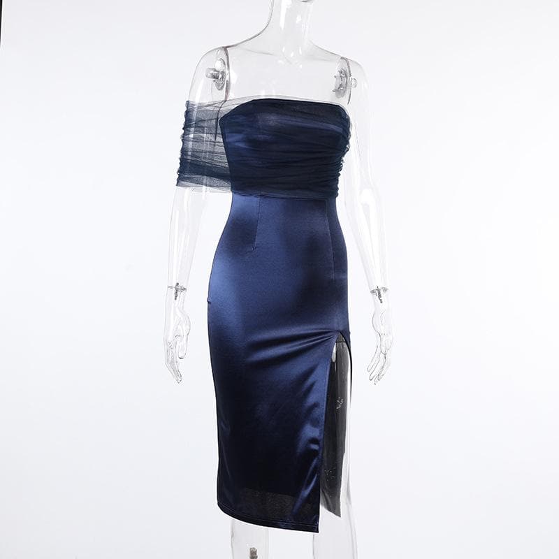 One shoulder irregular mesh ruched slit midi dress 8