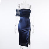 One shoulder irregular mesh ruched slit midi dress 8