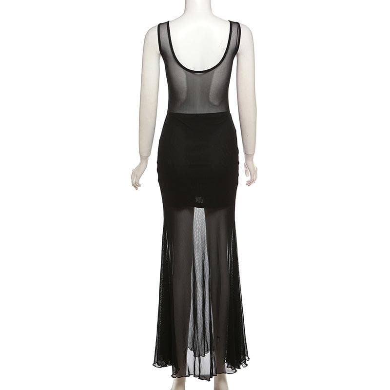 Heart patchwork mesh contrast sleeveless backless maxi dress 4