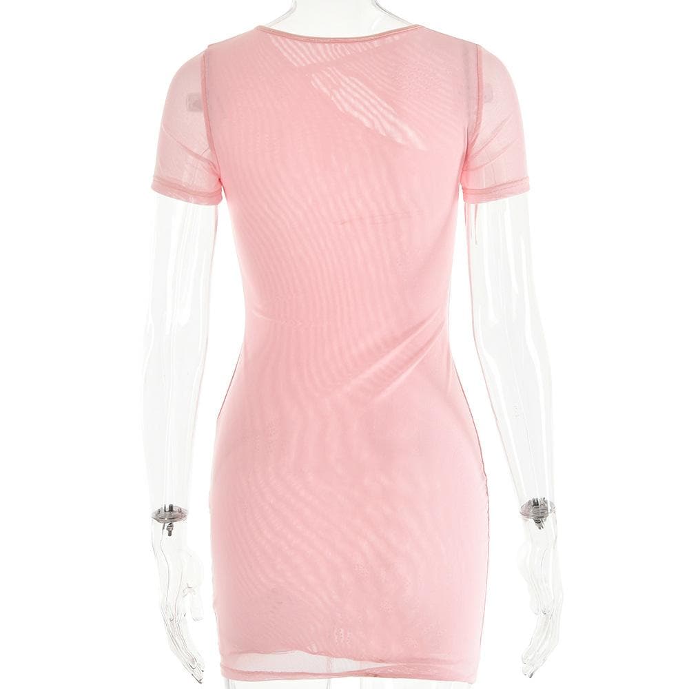 Beaded sheer mesh see through self tie short sleeve mini dress 4