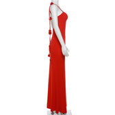 Flower applique backless solid v neck ribbon cami maxi dress 3