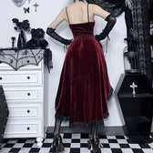 Velvet lace hem ruched lace up backless irregular midi dress 6