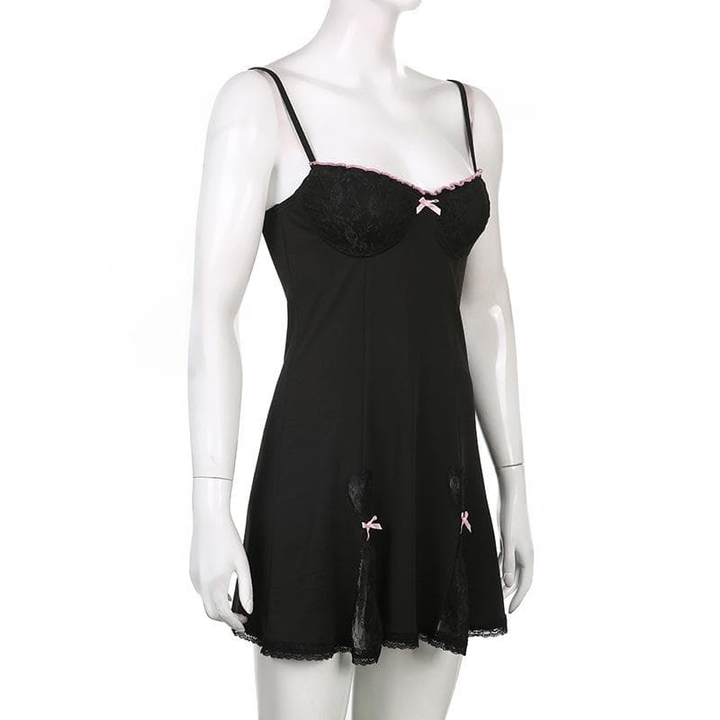 Low cut bowknot lace ruffled cami A line dress 5