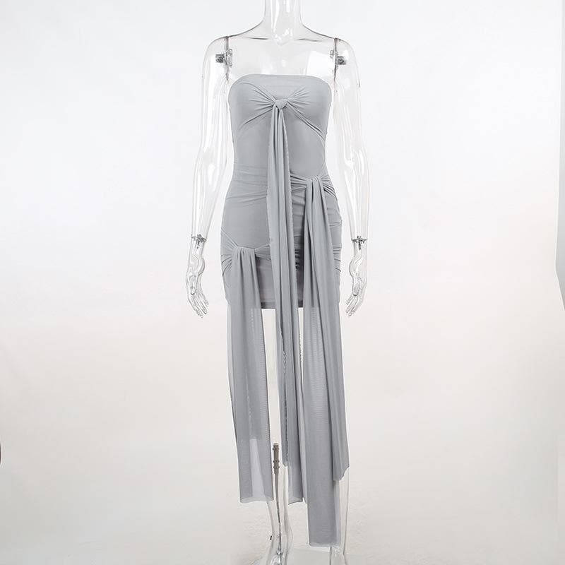 Strapless Mesh Ruched Knot Front Draped Tie Bodycon Mini Dress 2