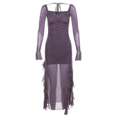 Mesh ruffle solid long sleeve ruched self tie slit maxi dress 5