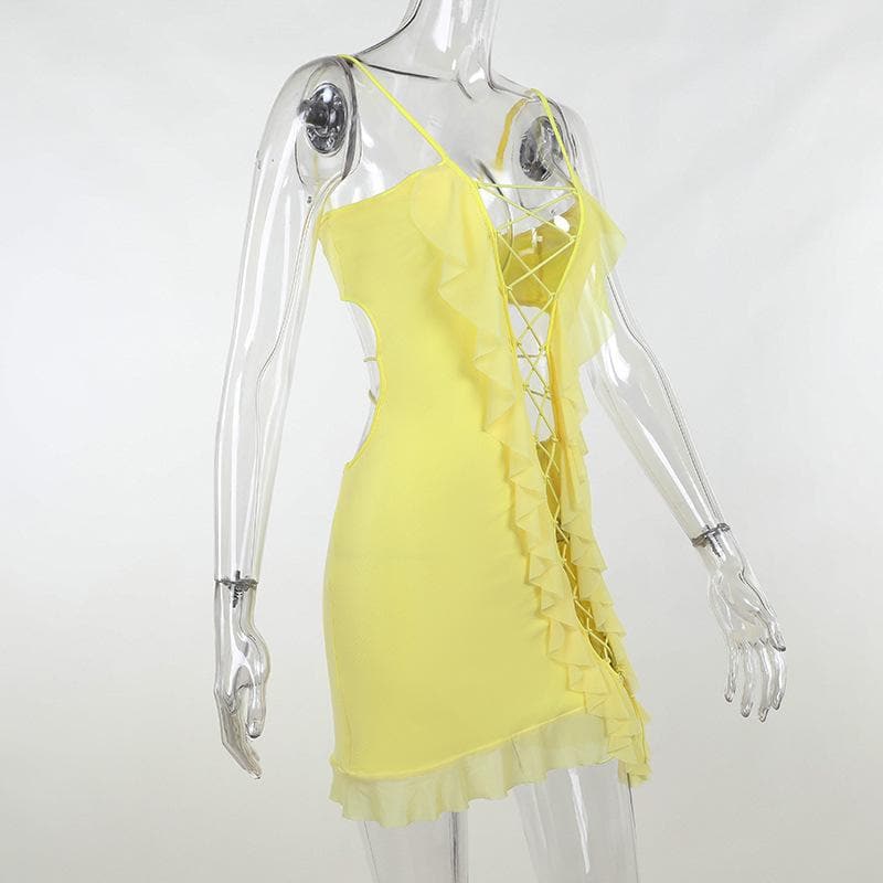 Ruffle Trim Lace Up Front Cut Out Mesh Hem Cami Mini Dress 10