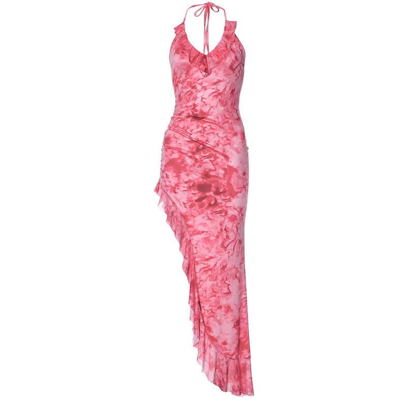 Mesh tie dye irregular contrast halter backless ruched maxi dress 2