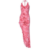 Mesh tie dye irregular contrast halter backless ruched maxi dress 2