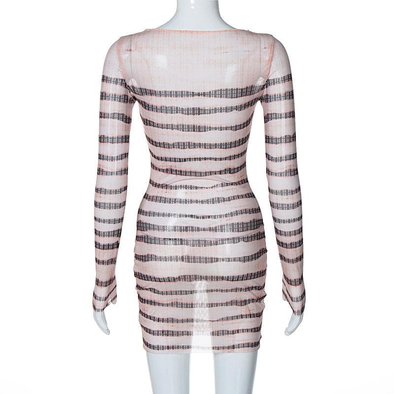 Long sleeve striped print sheer mesh crewneck ruffle mini dress 3