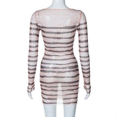 Long sleeve striped print sheer mesh crewneck ruffle mini dress 3