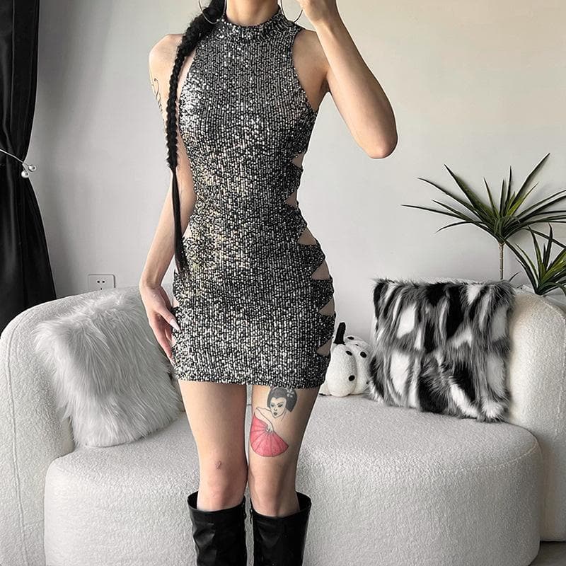 Glitter hollow out high neck button sleeveless mini dress