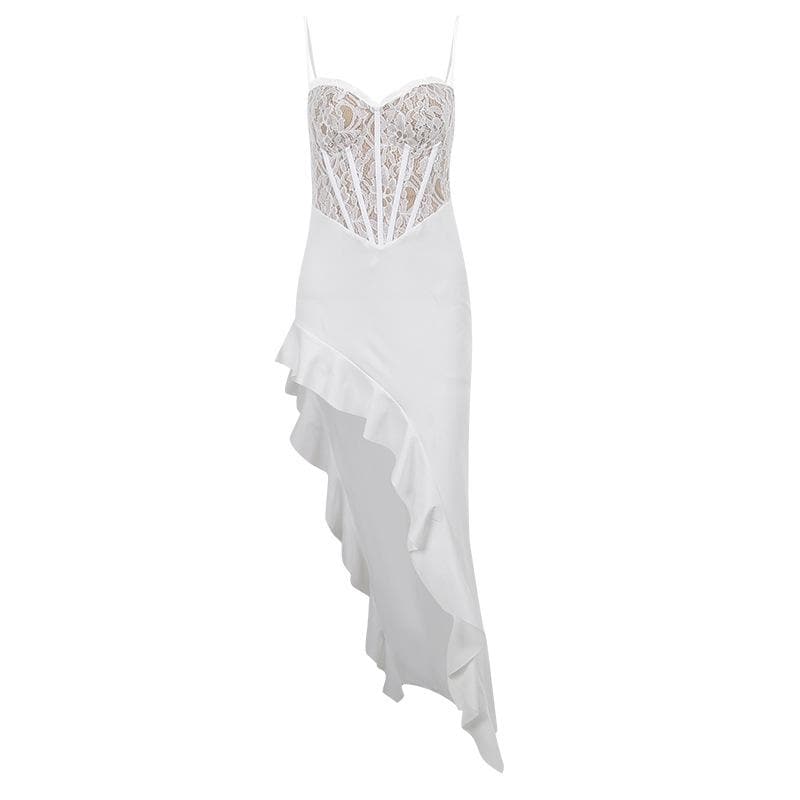 Lace contrast corset sweetheart neck ruffle irregular cami maxi dress 2