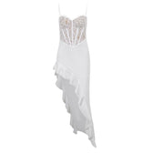 Lace contrast corset sweetheart neck ruffle irregular cami maxi dress 2
