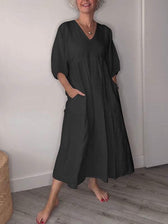 Linen V-Neck Puff Sleeve Pocket Midi Dress 6