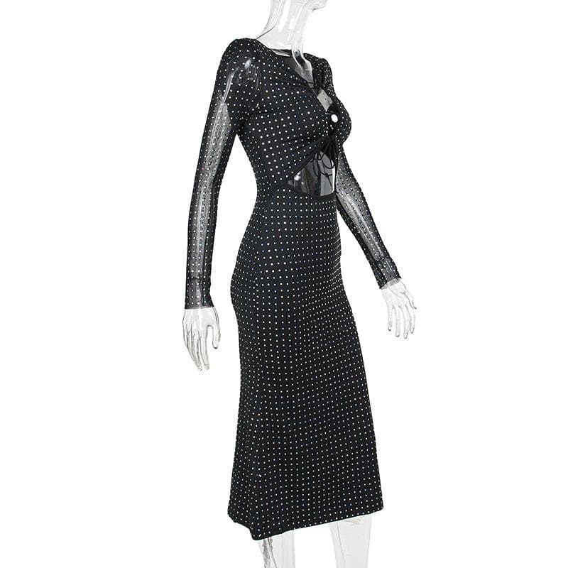 Polka dot contrast hollow out long sleeve mesh midi dress 3