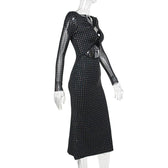 Polka dot contrast hollow out long sleeve mesh midi dress 3
